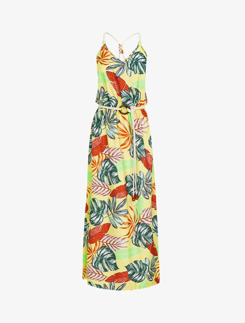 Robe longue à imprimé tropical - jaune