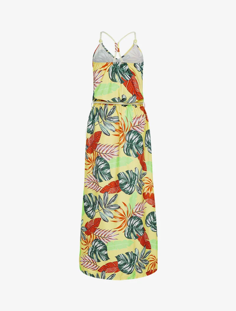 Robe longue à imprimé tropical - jaune