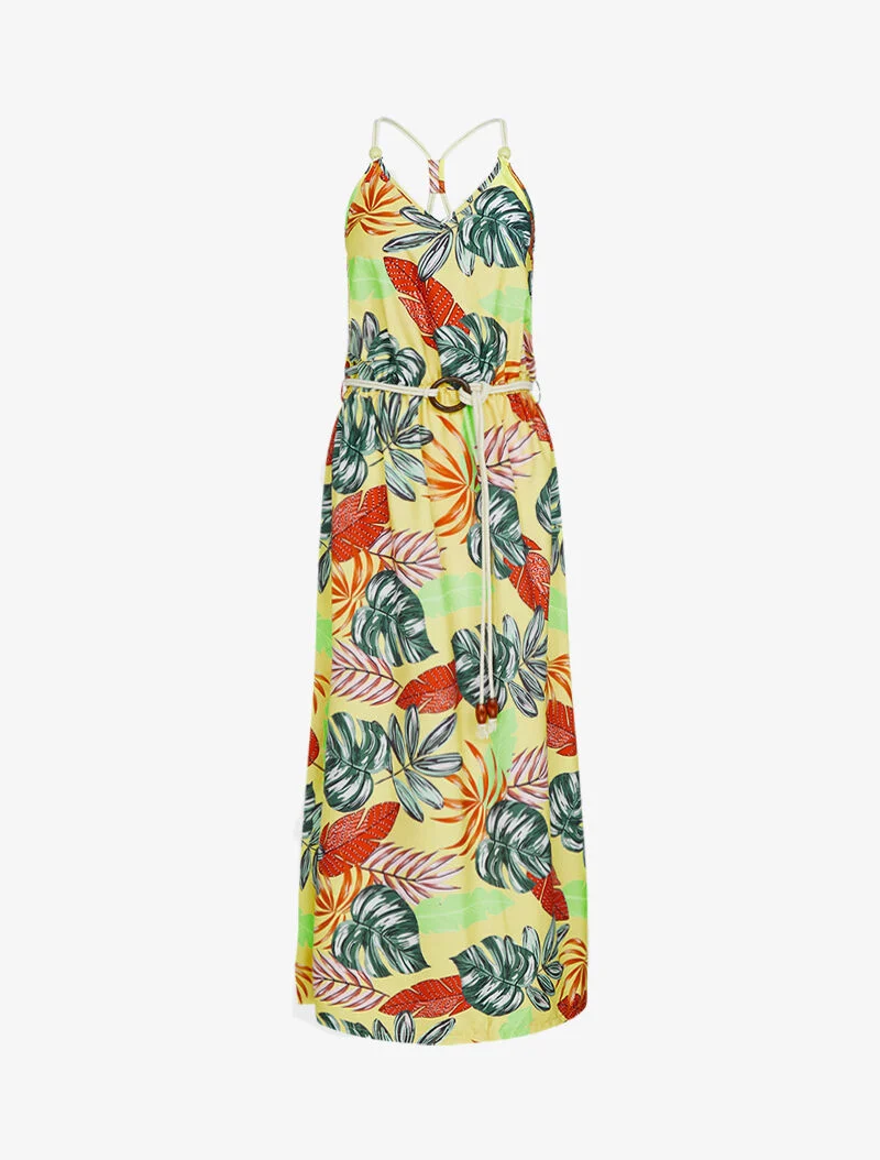 Robe longue à imprimé tropical - jaune