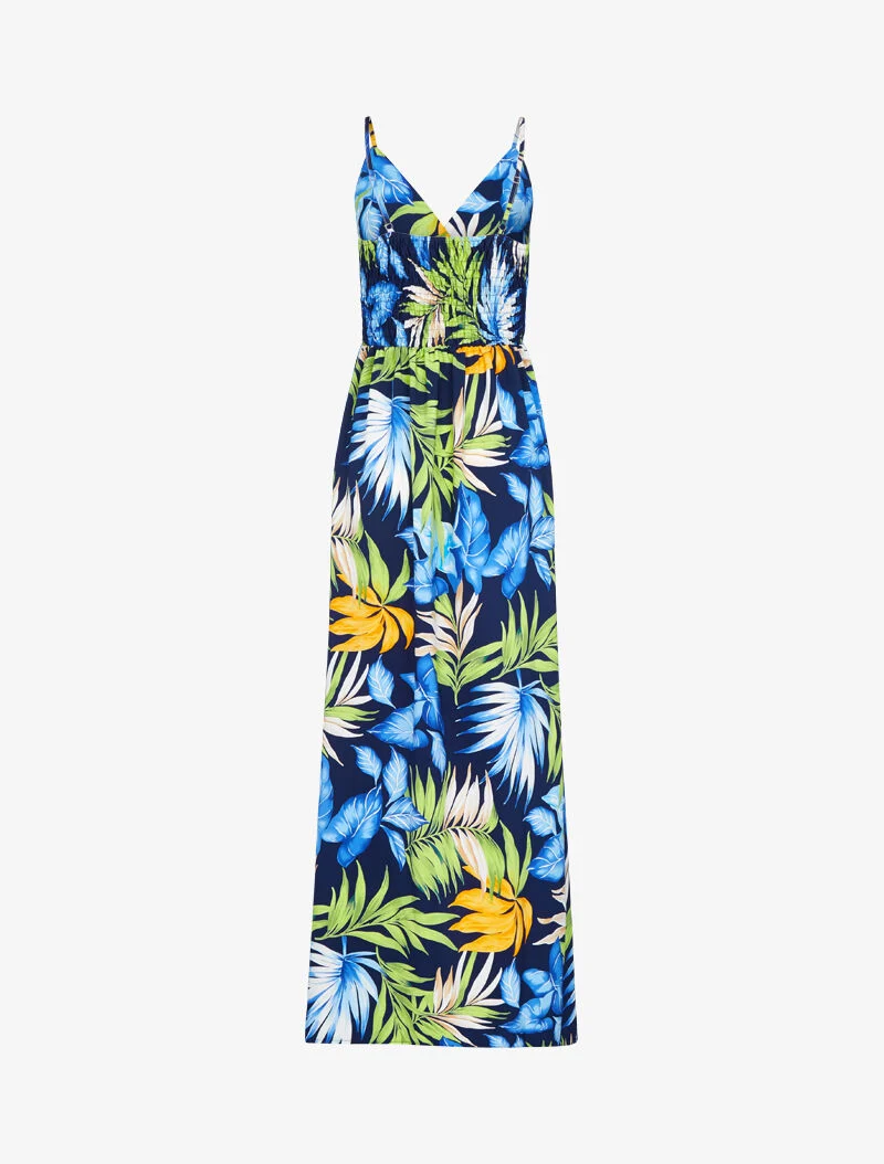 Robe longue fluide à imprimé estivale - marine