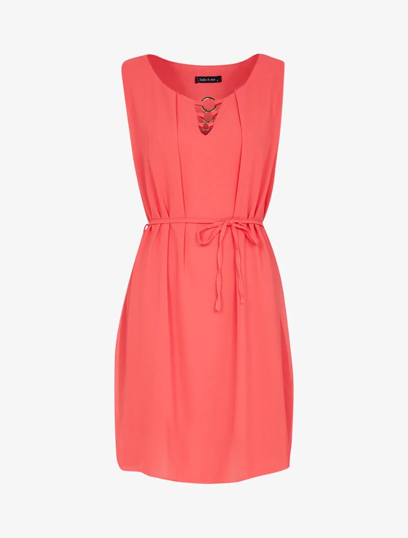 Robe à col orné d'oeillets métalliques - corail