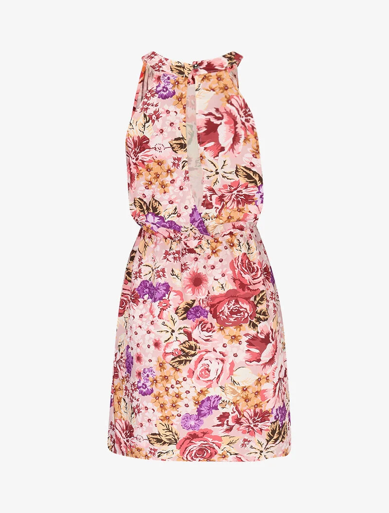 Robe fleurie à col américain - rose