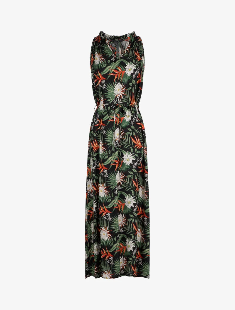 Robe imprimée à encolure montante volantée - noir