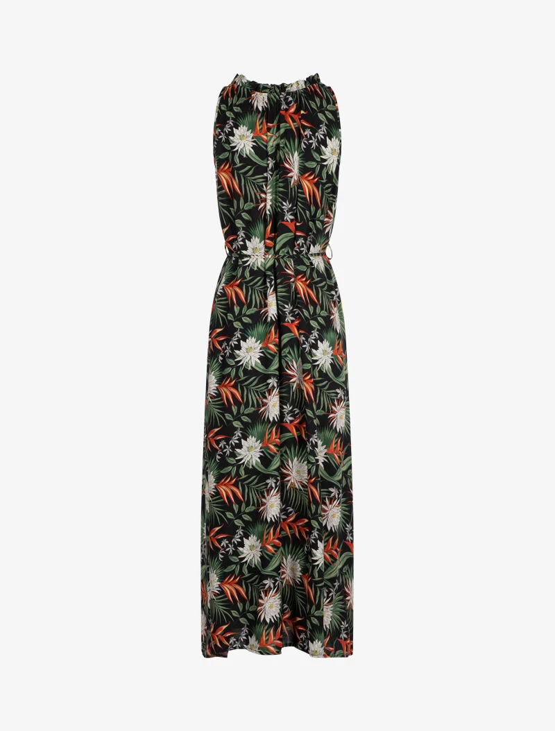 Robe imprimée à encolure montante volantée - noir