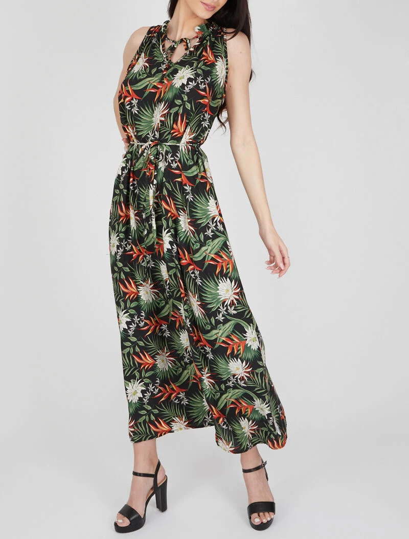 Robe imprimée à encolure montante volantée - noir