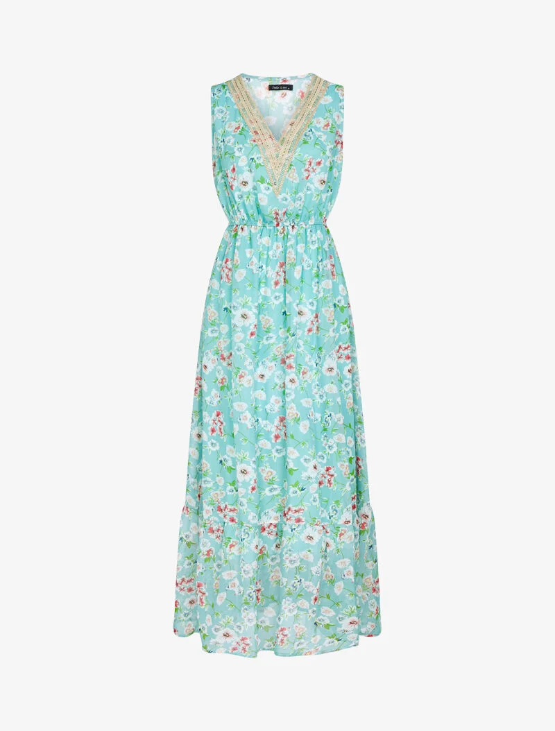 Robe fleurie à encolure V en crochet - vert d'eau