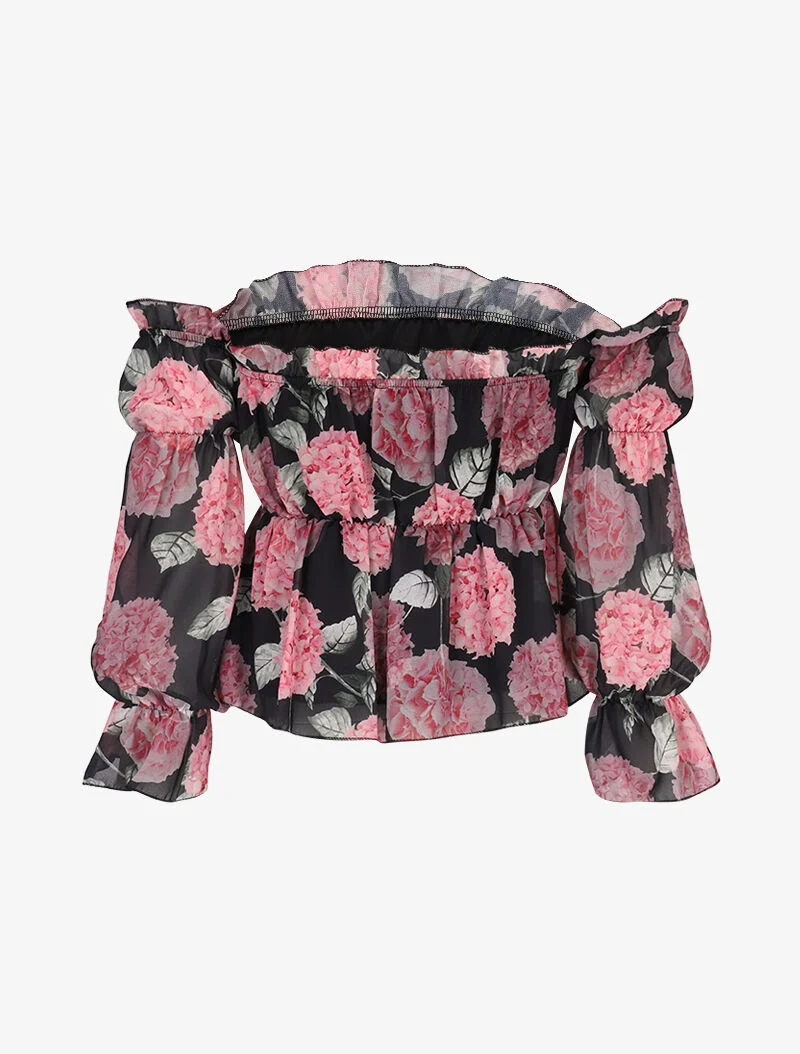 Crop top fleuri à épaules dénudées - noir