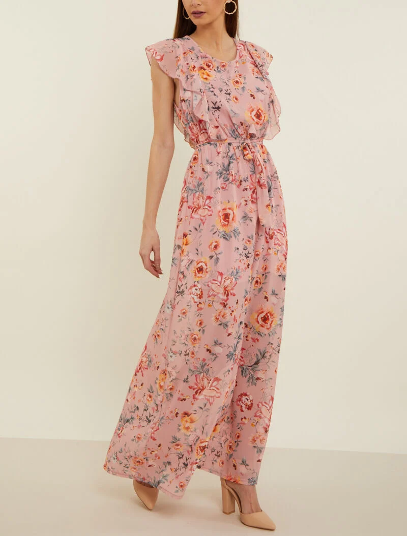 Robe fleurie à buste volanté - rose