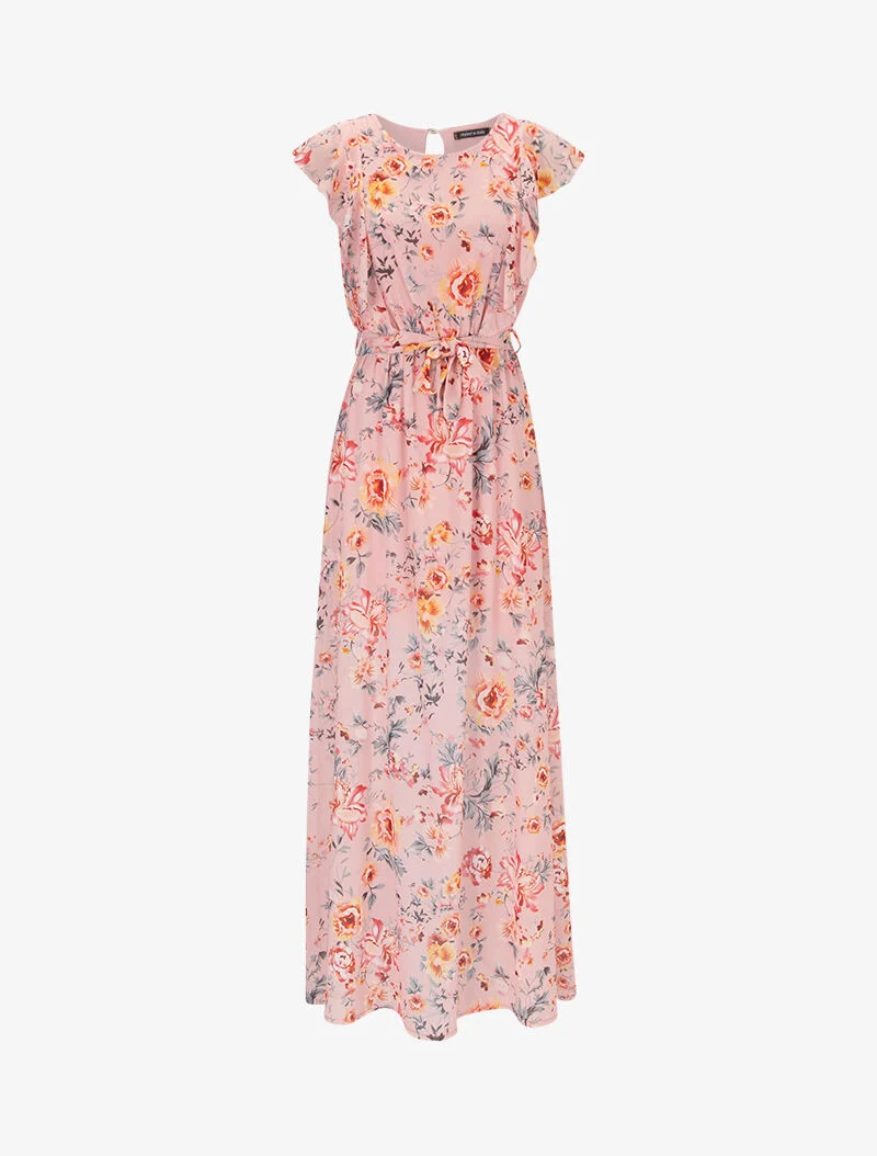 Robe fleurie à buste volanté - rose