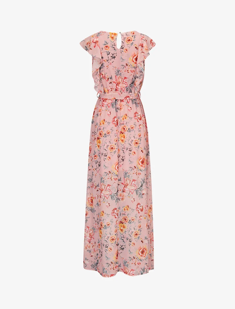 Robe fleurie à buste volanté - rose