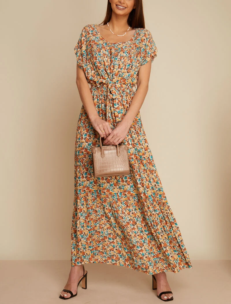 Robe à col bateau imprimé fleuris - beige