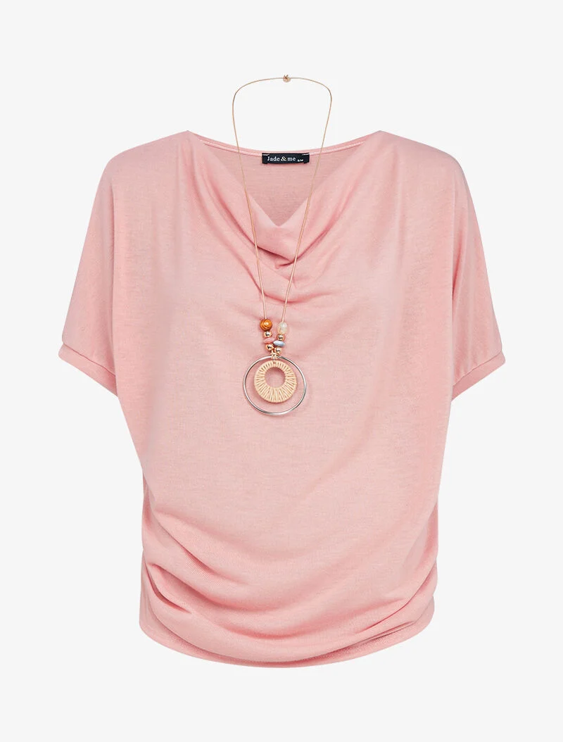 Top en maille et sautoir - corail