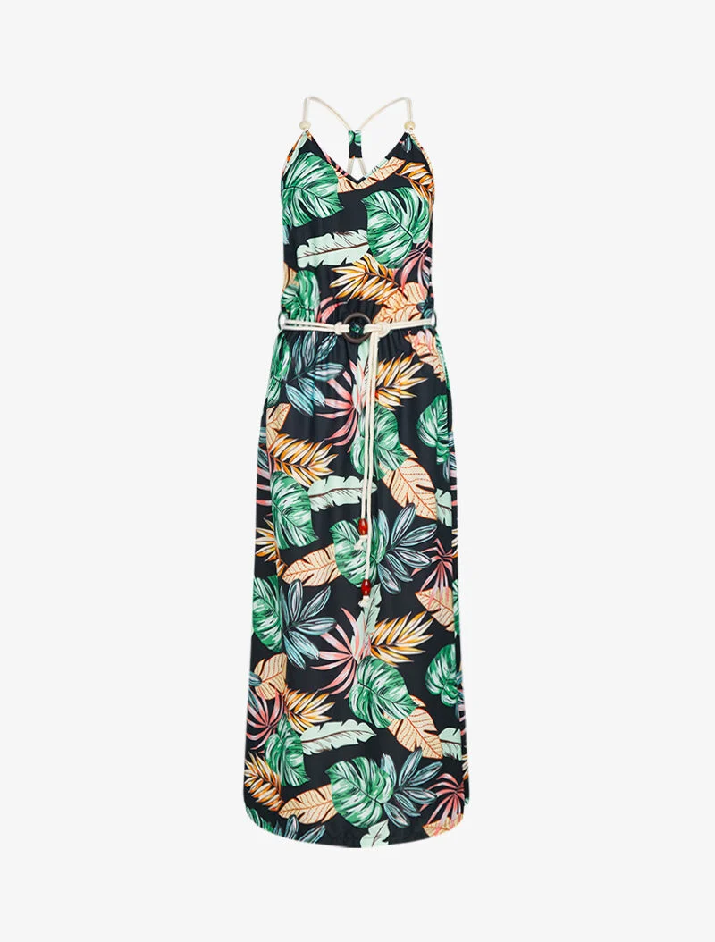 Robe longue à imprimé tropical - noir