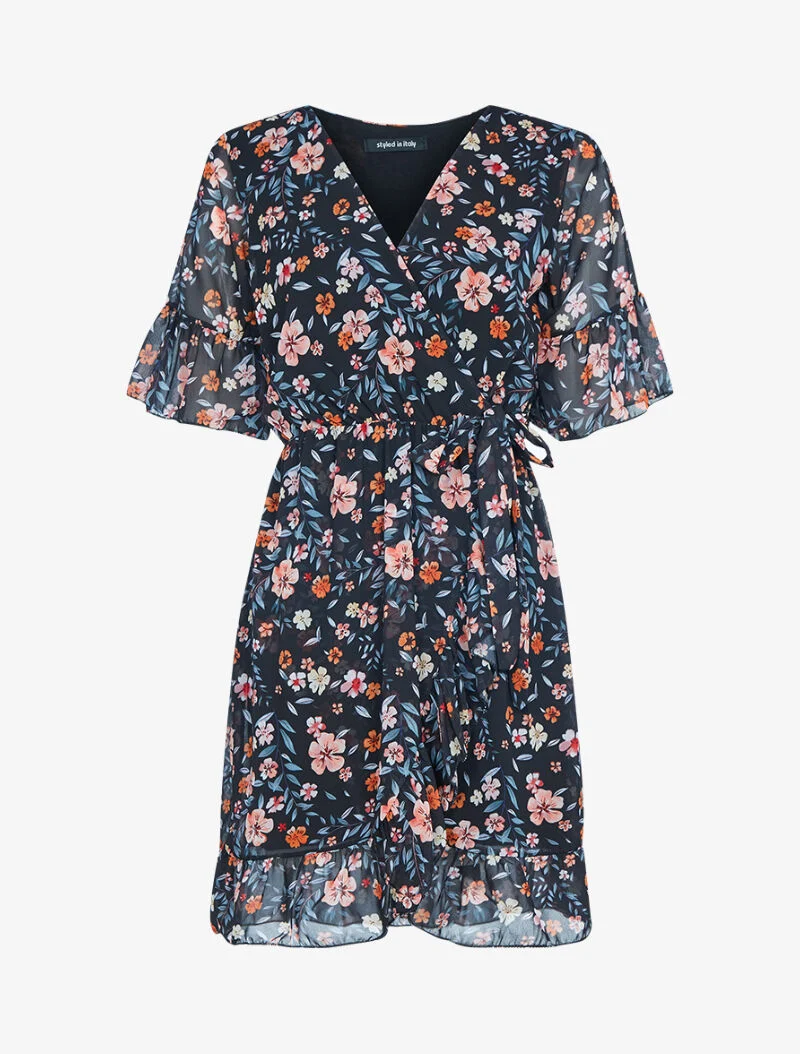 Robe fleurie effet portefeuille - noir