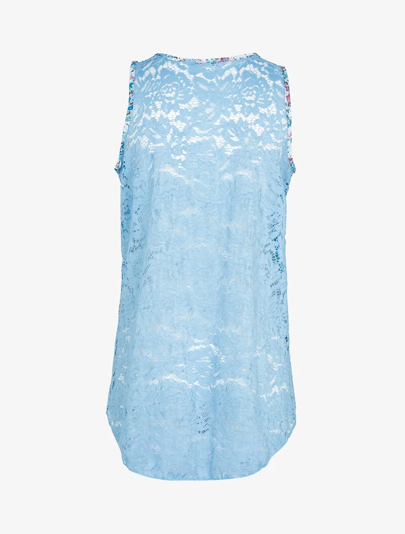 Top en voile imprimé et dentelle - bleu ciel
