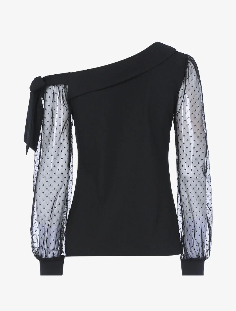 Top à encolure asymétrique et tulle - noir