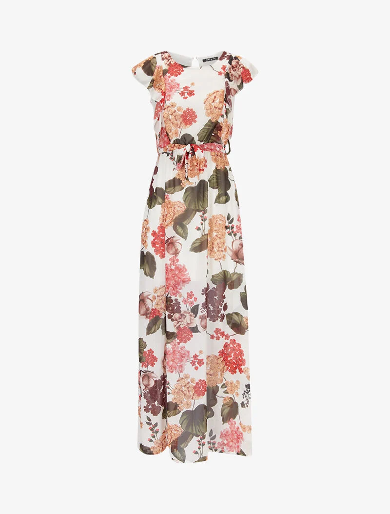 Robe fleurie à buste volanté - ecru