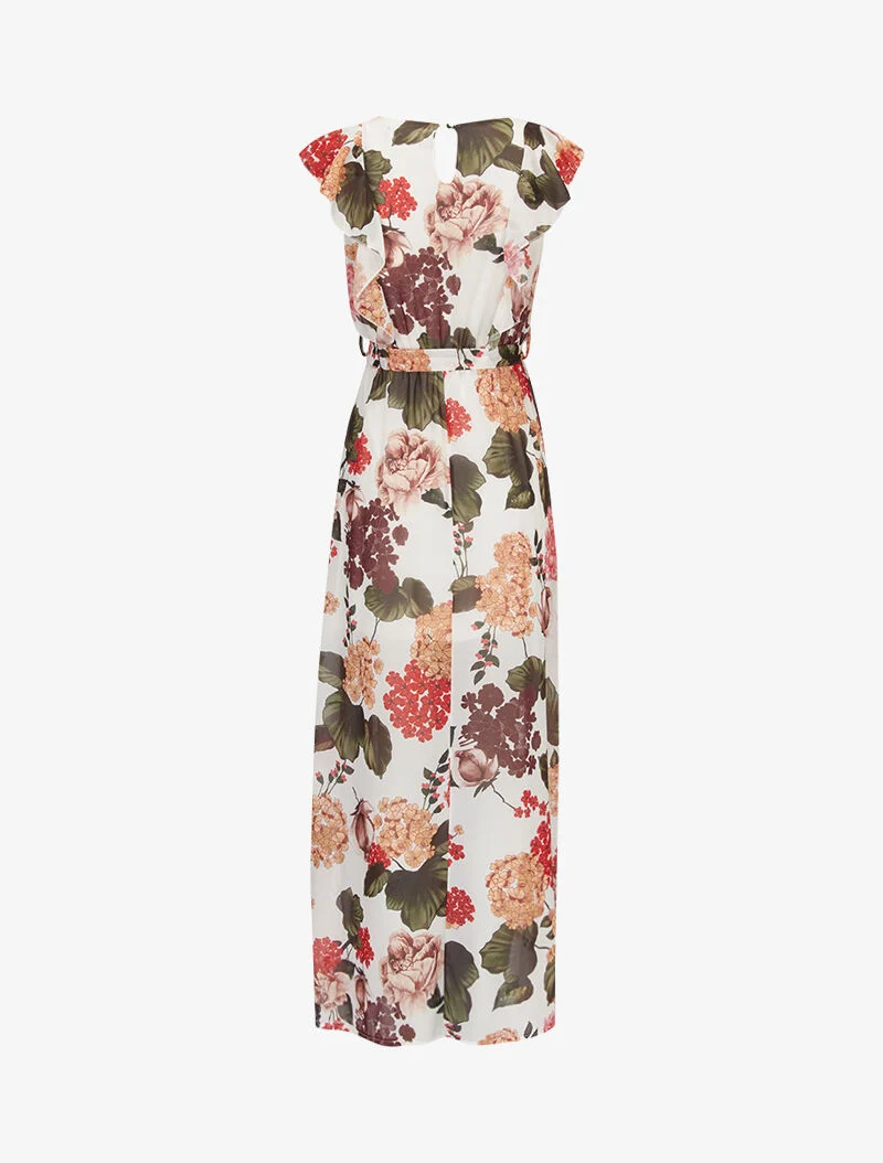 Robe fleurie à buste volanté - ecru