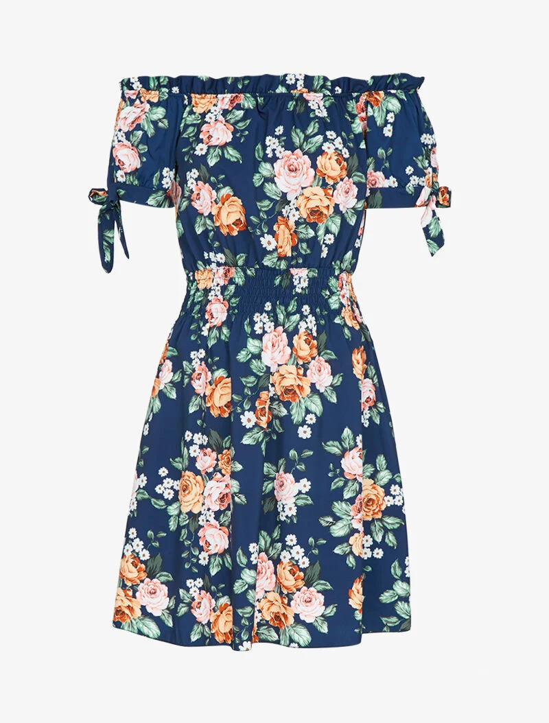 Robe patineuse imprimée à col bardot - marine