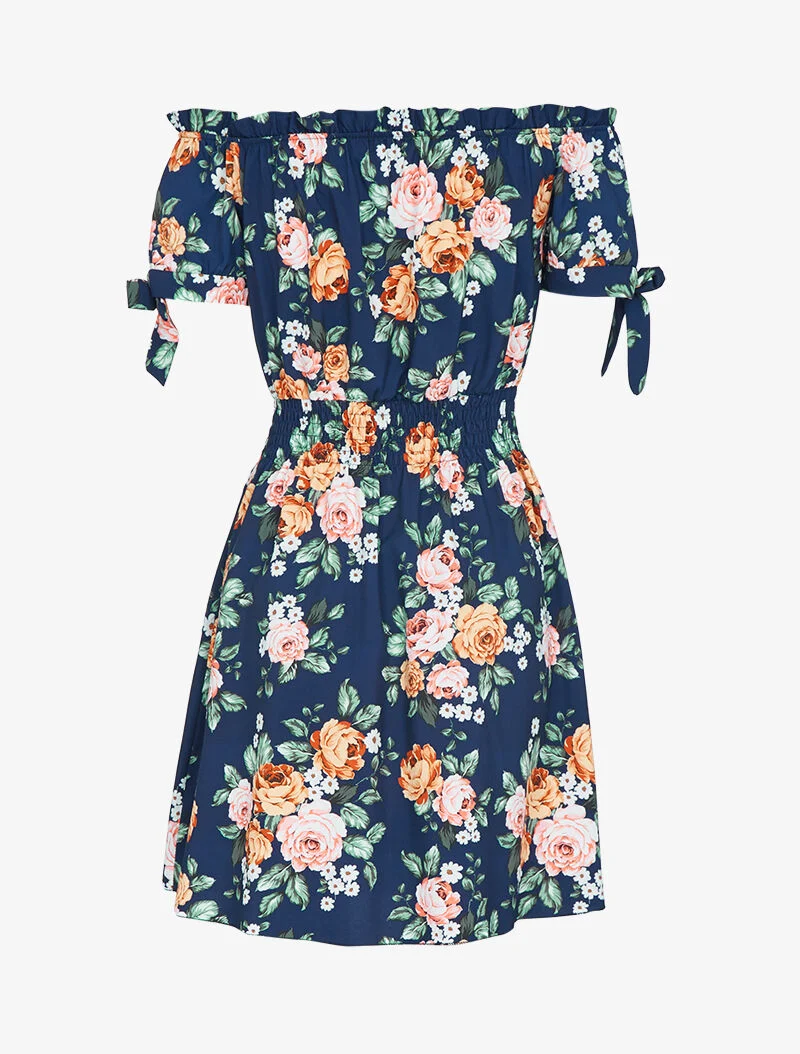 Robe patineuse imprimée à col bardot - marine