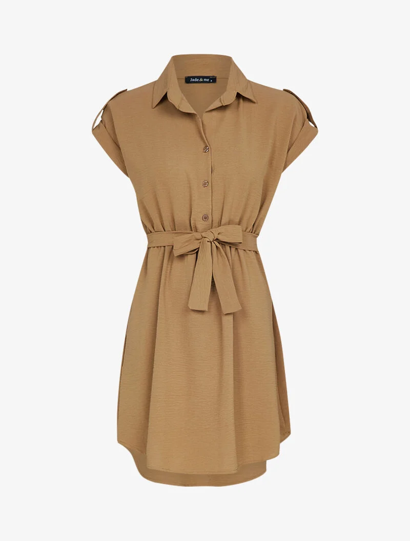 Robe patineuse à manches courtes rabattables - camel