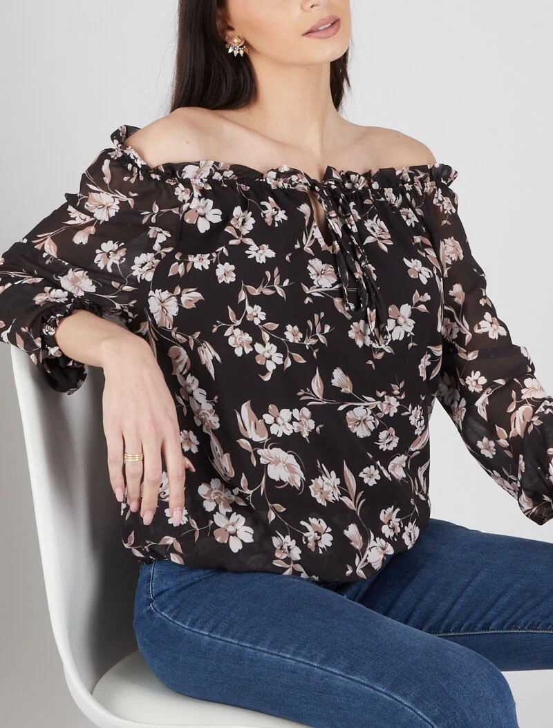 Blouse à col bardot à imprimé floral - noir