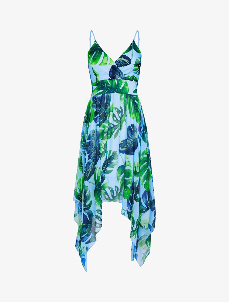 Robe asymétrique à imprimé tropical - bleu ciel