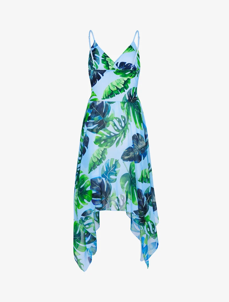 Robe asymétrique à imprimé tropical - bleu ciel