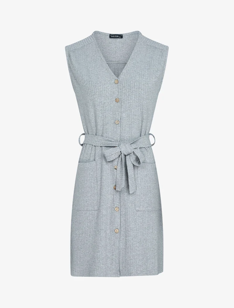 Robe côtelée à boutons contrastants - gris clair