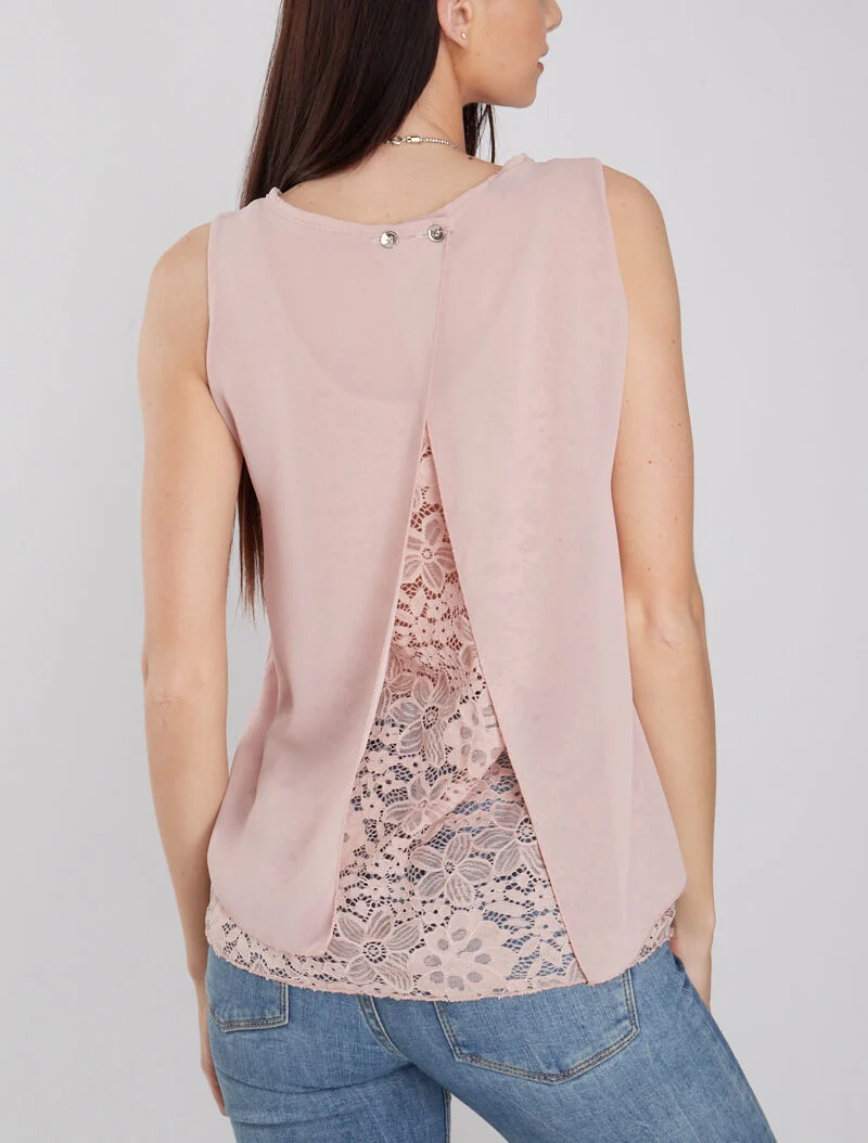 Top à dos fendu et dentelle - rose