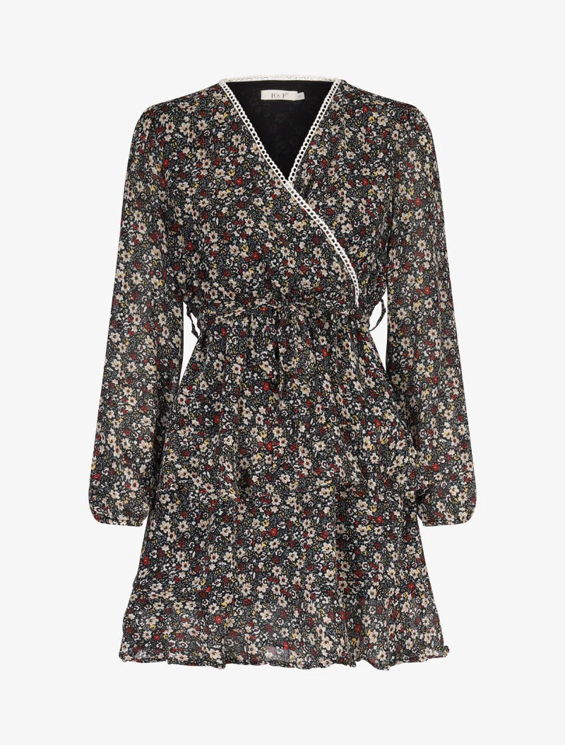 Robe courte à volants superposés imprimé fleuri - noir