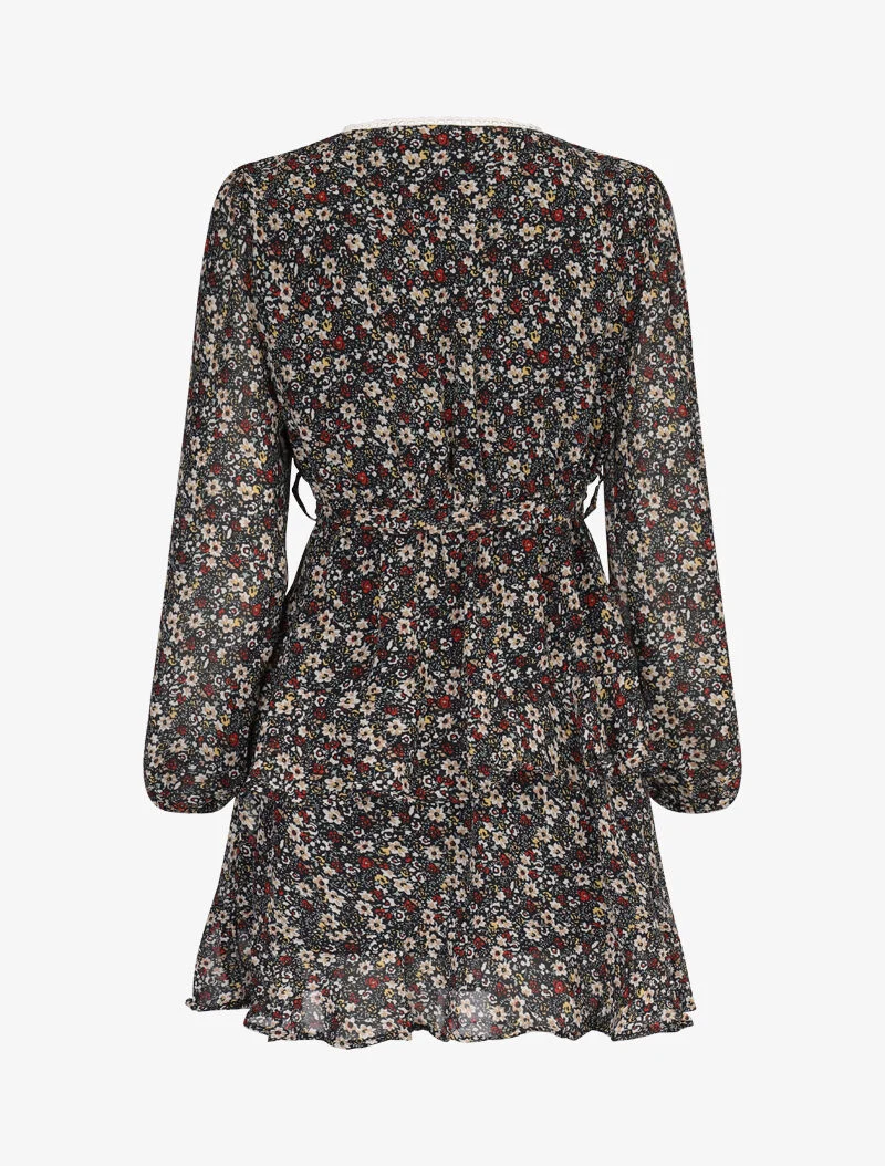 Robe courte à volants superposés imprimé fleuri - noir
