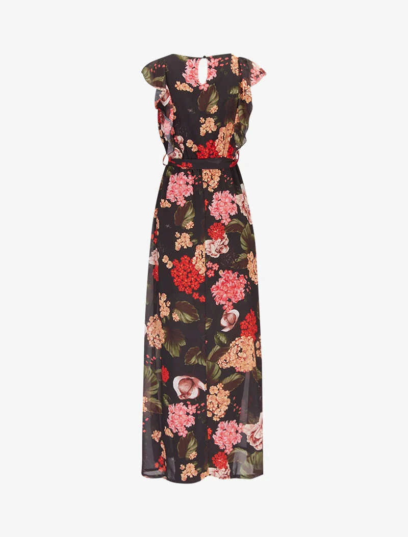 Robe fleurie à buste volanté - noir