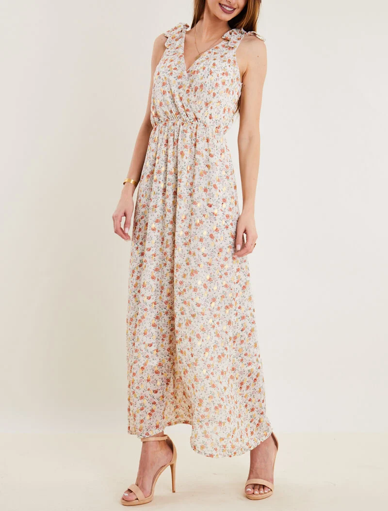 Robe longue à imprimé pivoines - ecru