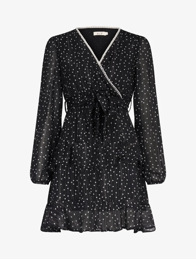 Robe courte à volants superposés imprimé pois - noir