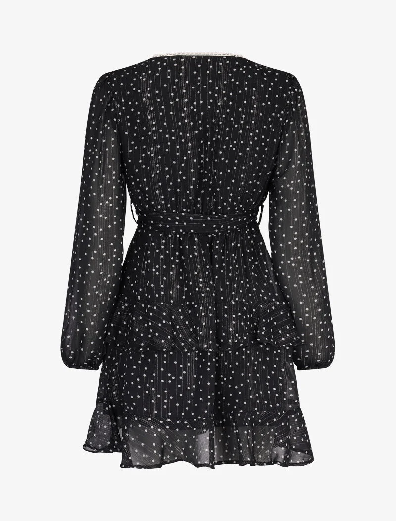Robe courte à volants superposés imprimé pois - noir