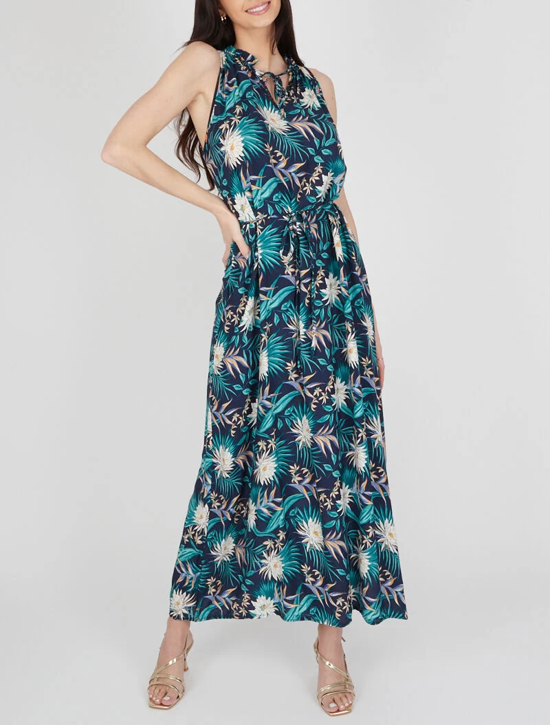 Robe imprimée à encolure montante volantée - marine