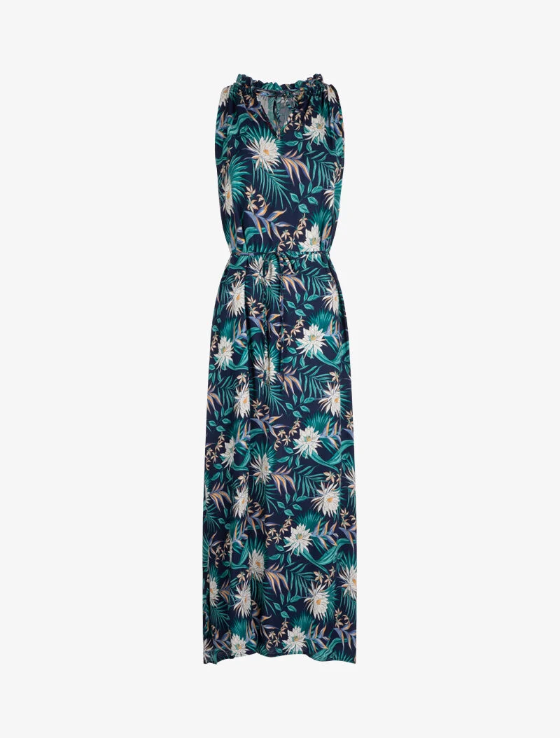 Robe imprimée à encolure montante volantée - marine
