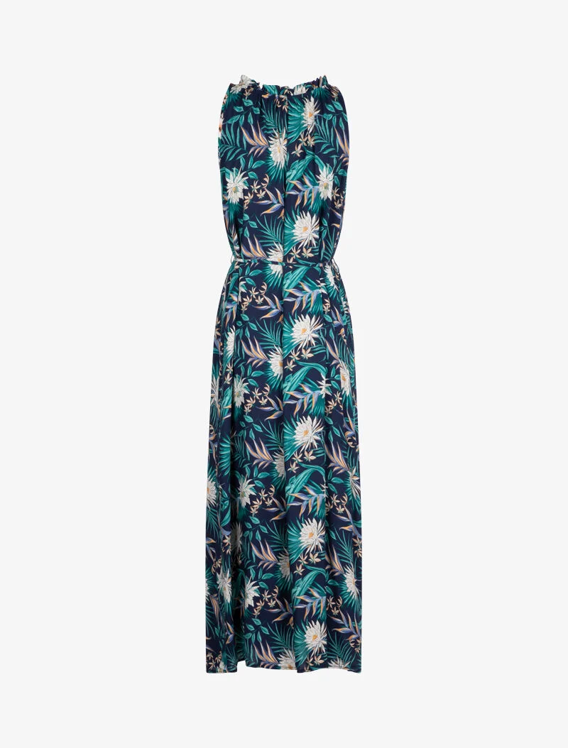 Robe imprimée à encolure montante volantée - marine