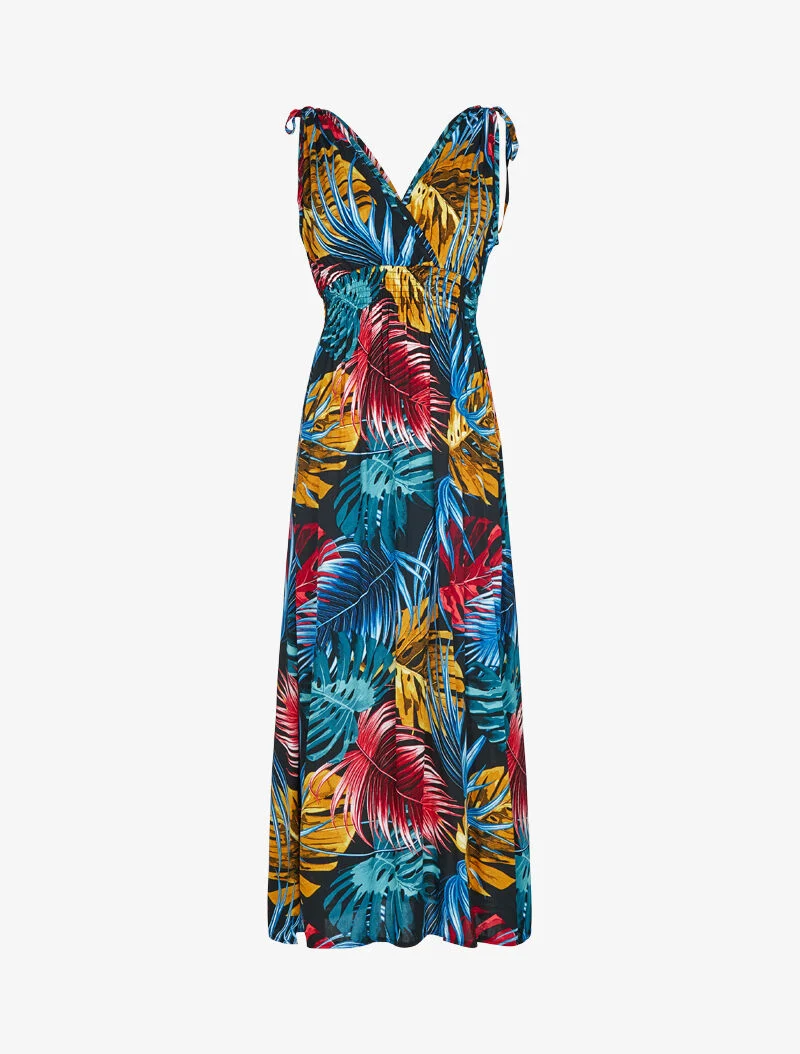 Robe sans manches à imprimé tropical - noir