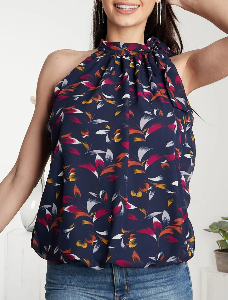 Top à imprimé feuilles graphiques - marine