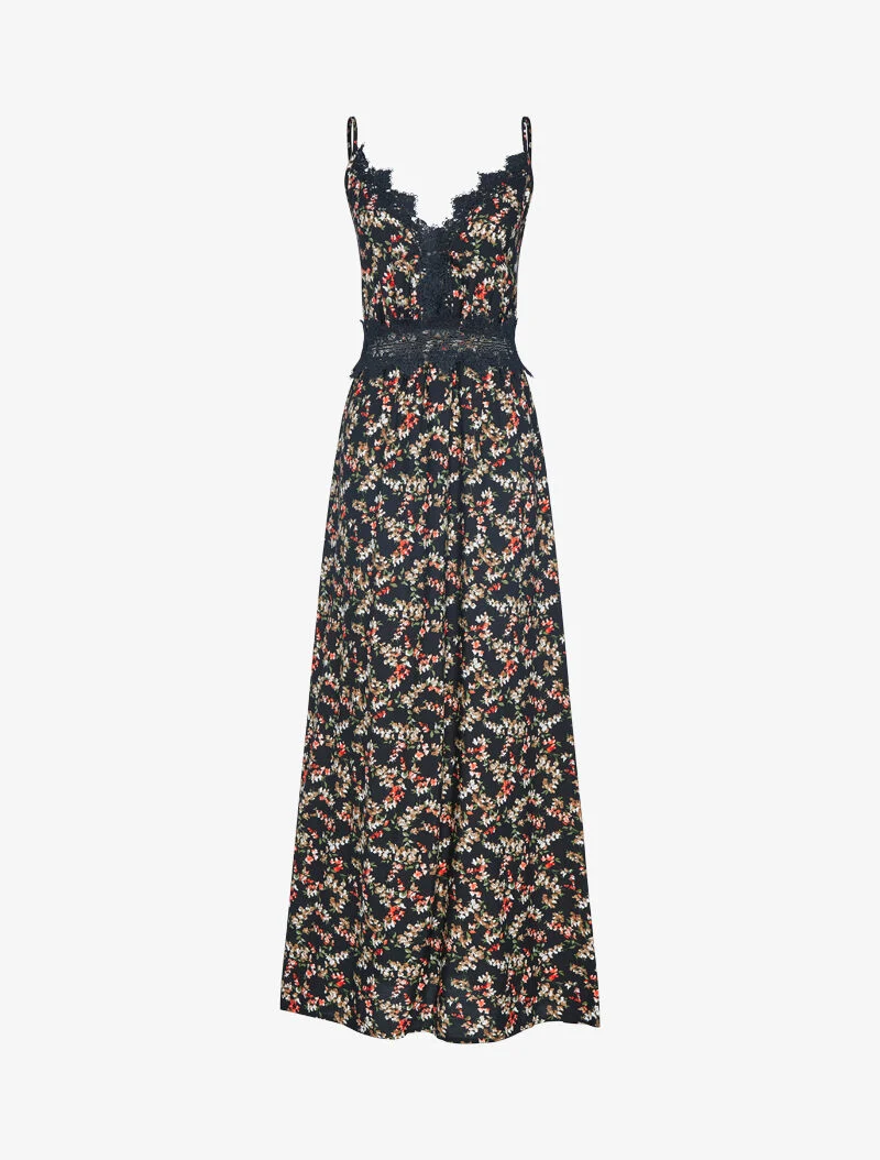 Robe fleurie à détails crochet - noir