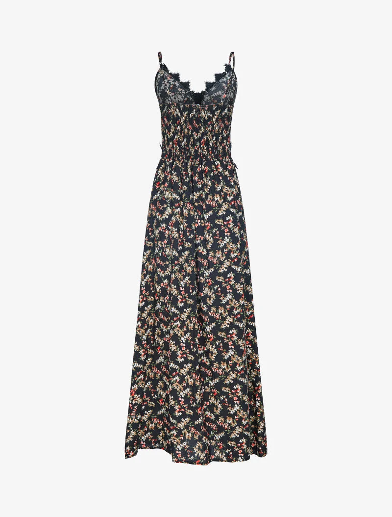 Robe fleurie à détails crochet - noir