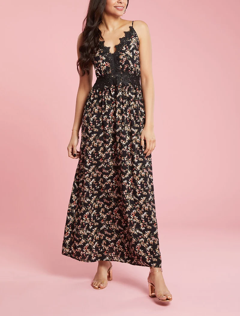 Robe fleurie à détails crochet - noir