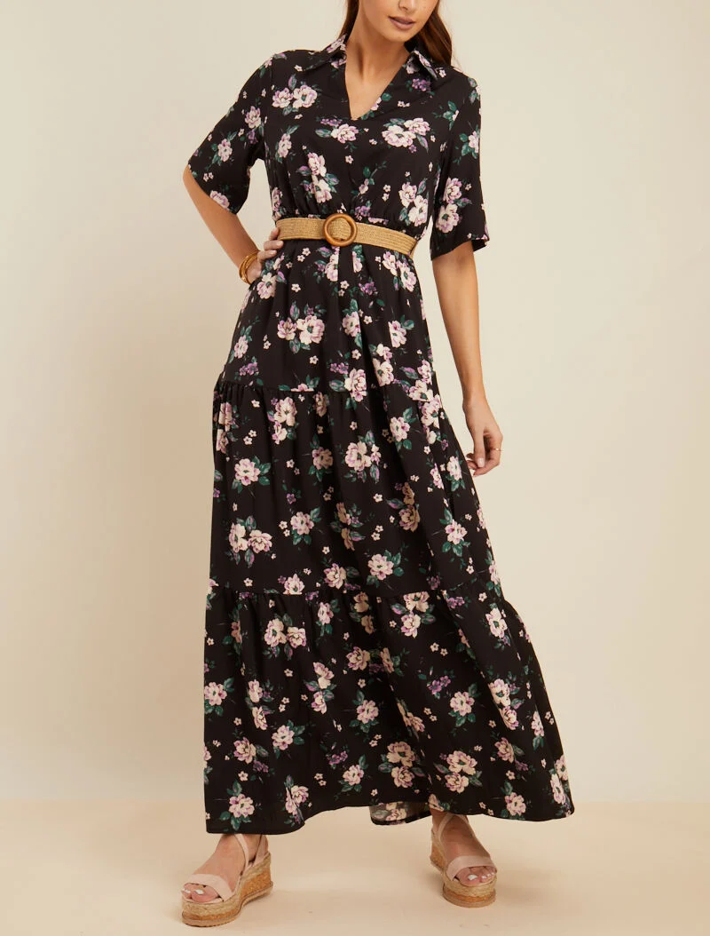 Robe patineuse ample imprimé violettes - noir