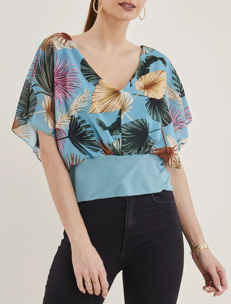 Top chauve souris en voile imprimé - turquoise