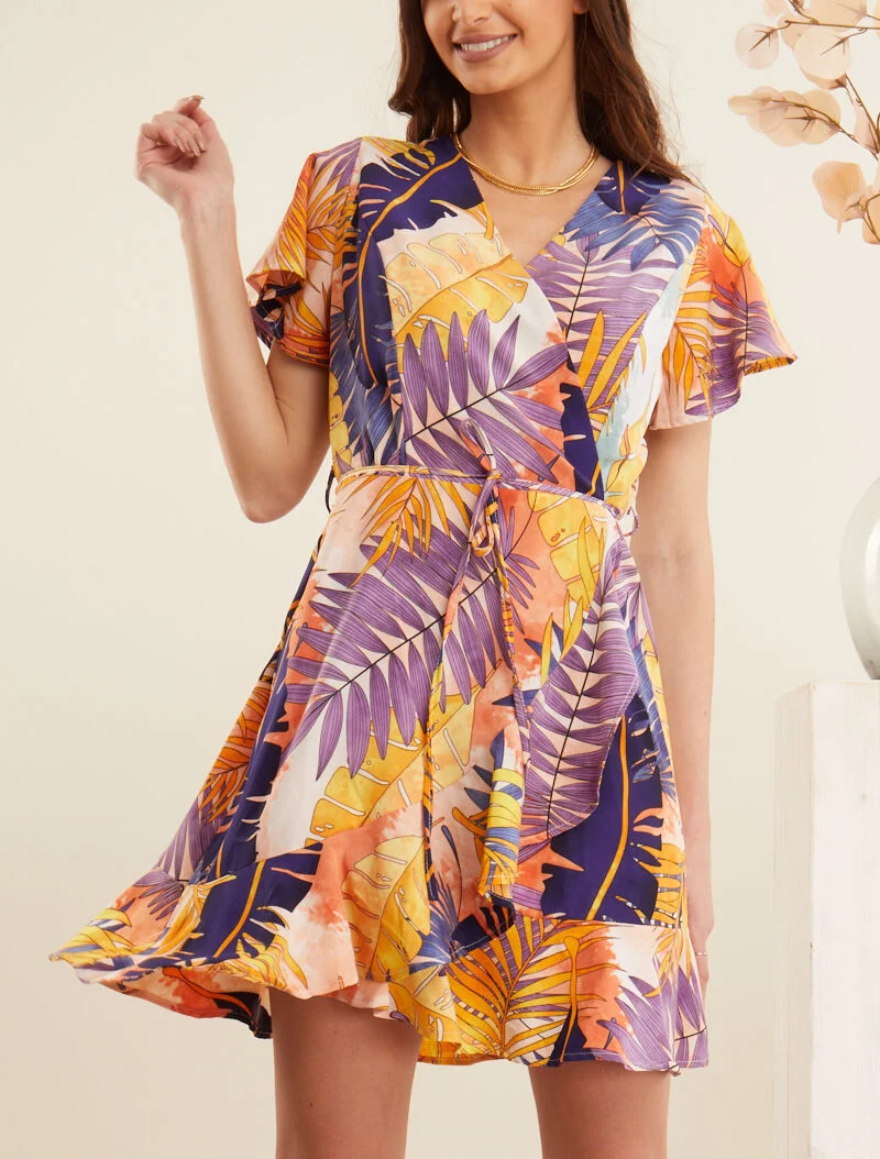 Robe style portefeuille à imprimé estivale - orange