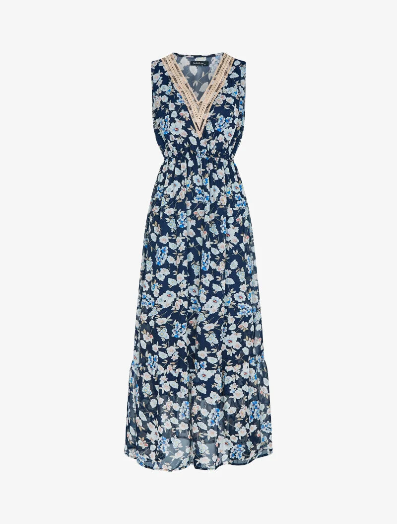 Robe fleurie à encolure V en crochet - marine