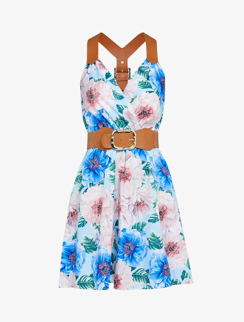 Robe patineuse à bretelles style sangles - bleu ciel