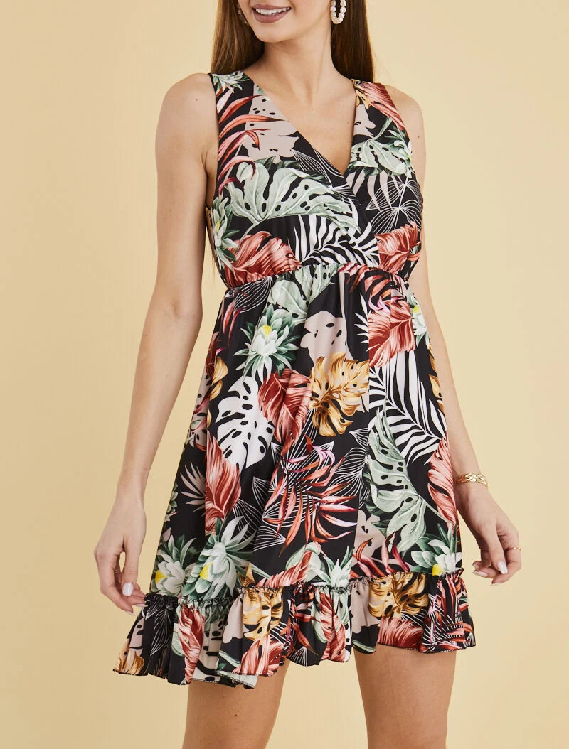 Robe cache coeur imprimée et volantée - noir